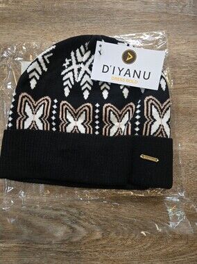 D'IYANU Black Knit Beanie Tan and White Pattern